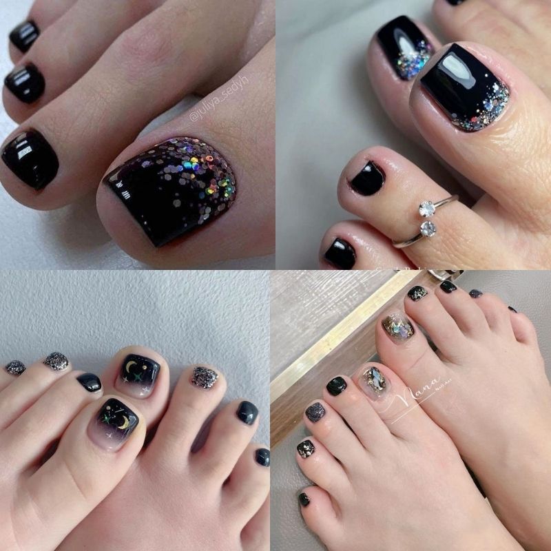mẫu nail chân đjep màu đen