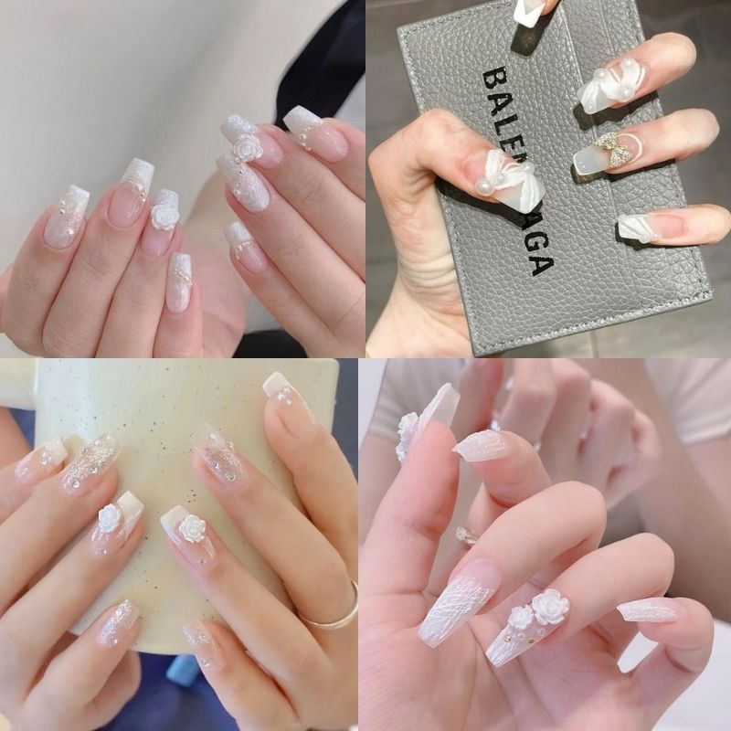 Mẫu nail cô dâu màu trắng sữa với họa tiết hoa nhỏ Mẫu nail cô dâu màu trắng sữa với họa tiết hoa nhỏ