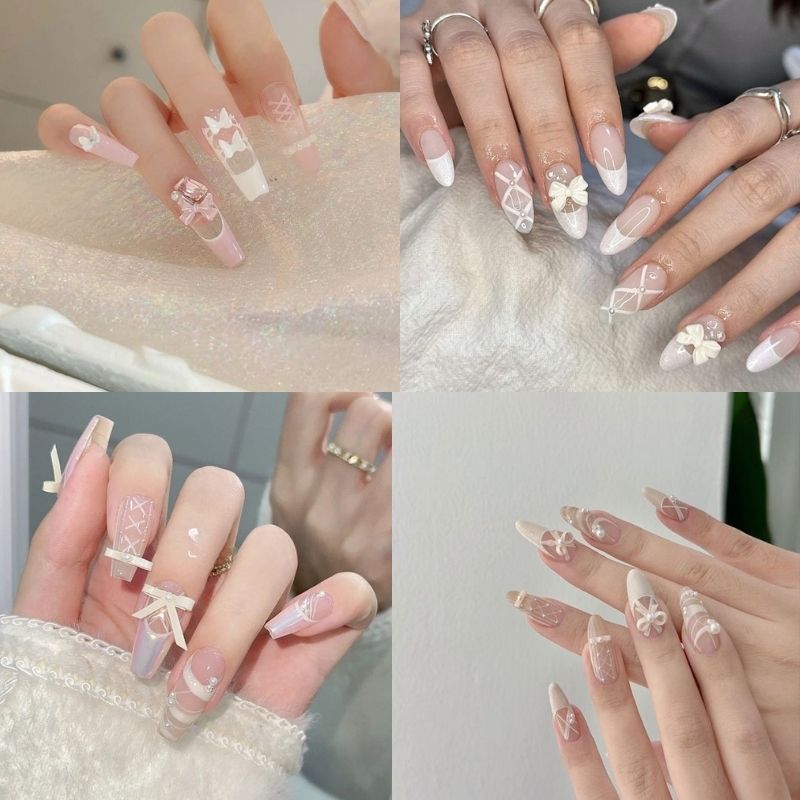 Mẫu nail cô dâu màu nude với họa tiết ren Mẫu nail cô dâu màu nude với họa tiết ren