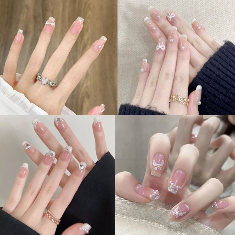 Mẫu nail cô dâu màu hồng pastel với hoa nhỏ Mẫu nail cô dâu màu hồng pastel với hoa nhỏ