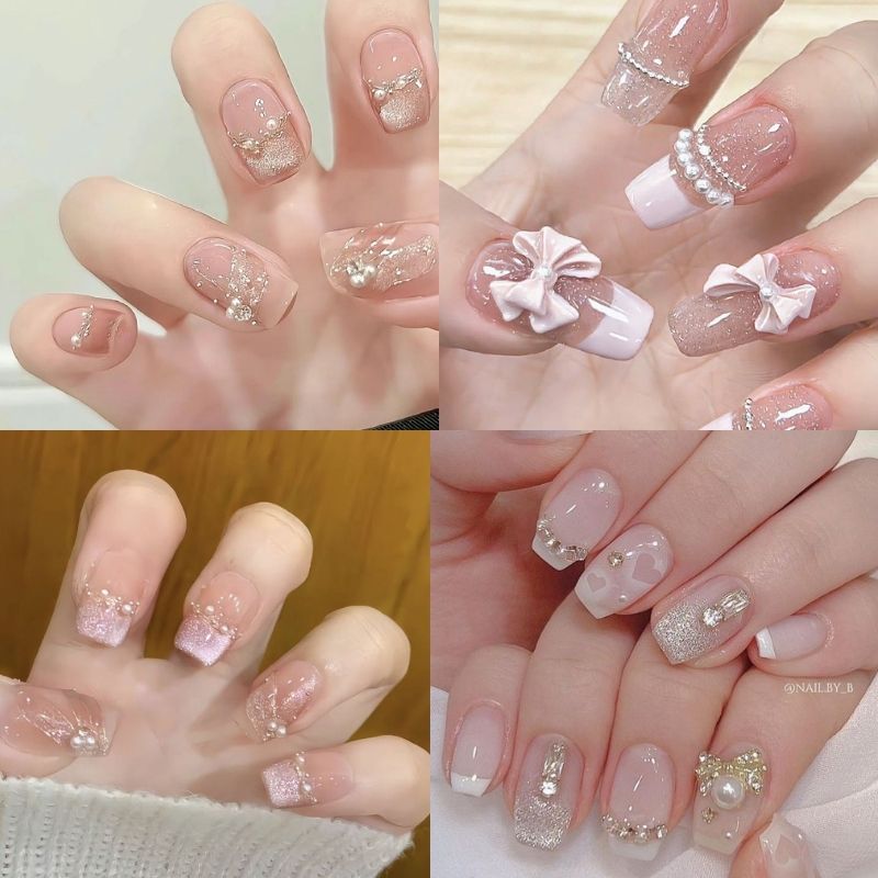 Mẫu nail cô dâu hồng ánh kim tuyến Mẫu nail cô dâu hồng ánh kim tuyến