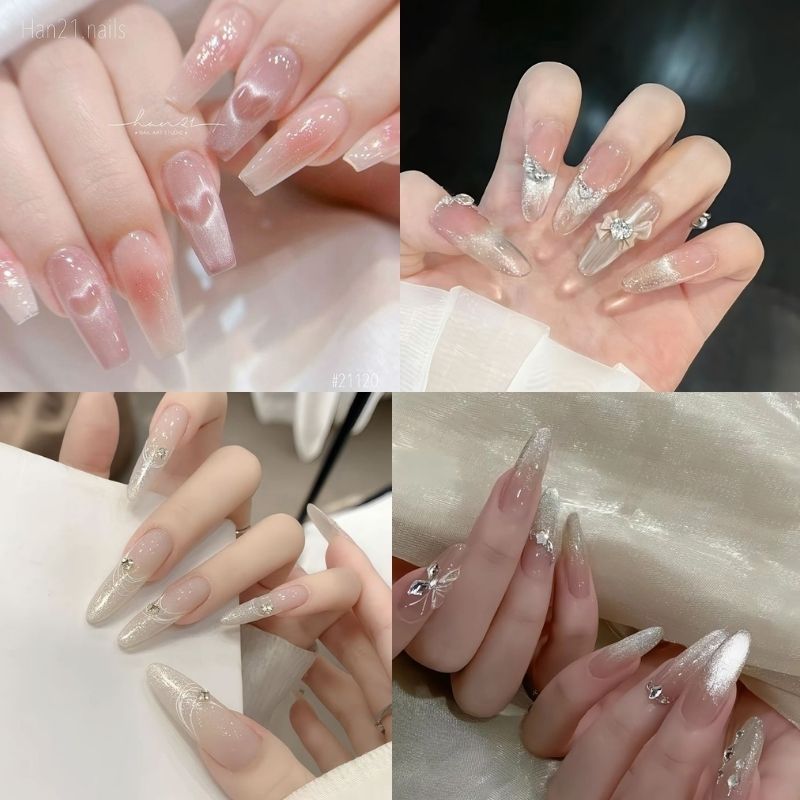 mẫu nail màu hồng thạch phủ kim tuyến