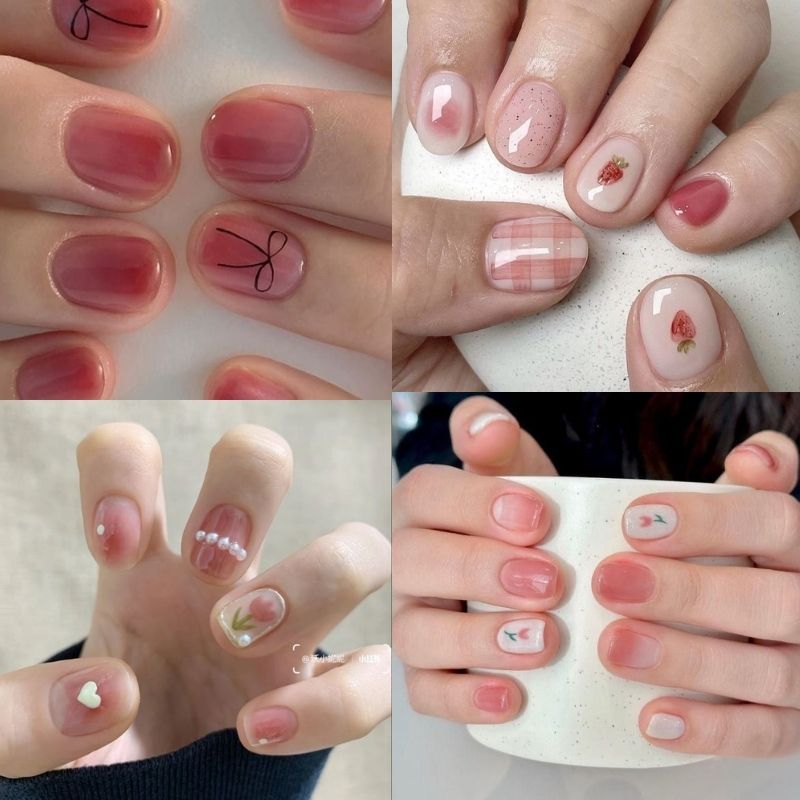 mẫu nail màu hồng thạch phối họa tiết