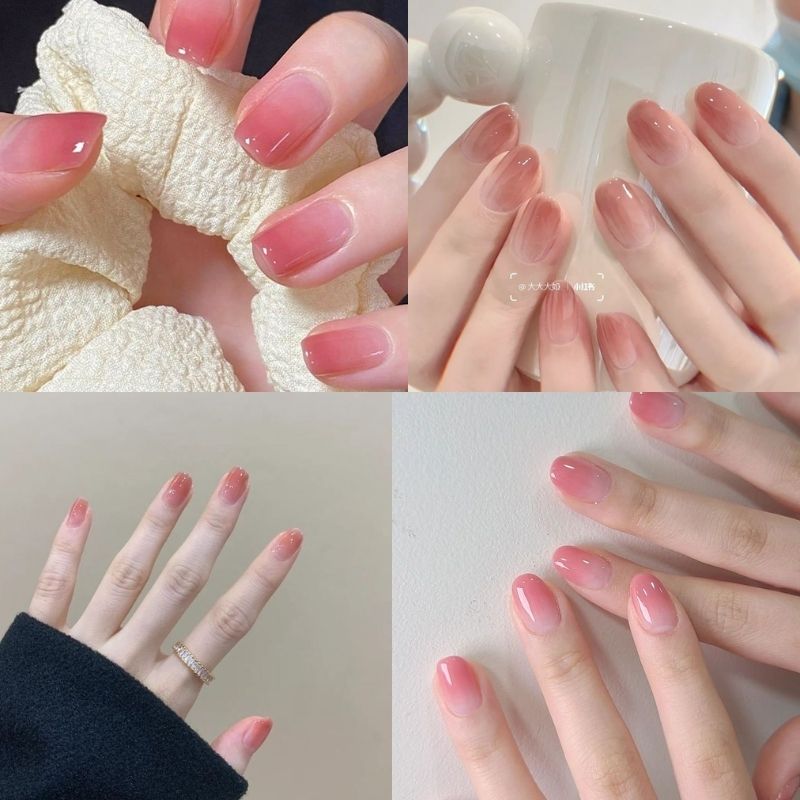 mẫu nail màu hồng thạch ombre