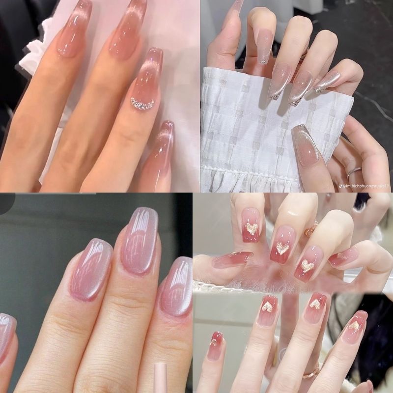 mẫu nail màu hồng thạch mắt mèo