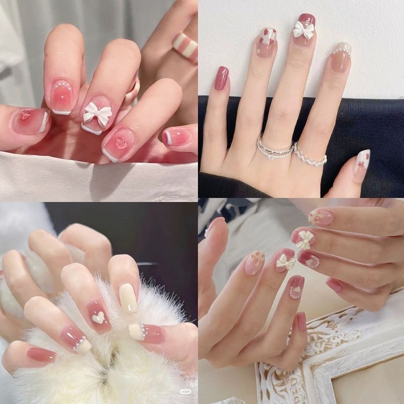 mẫu nail màu hồng thạch đính ngọc trai