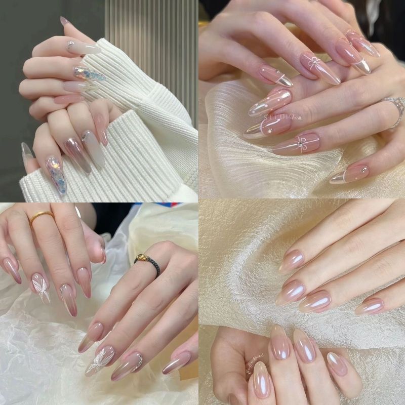 mẫu nail màu hồng thạch tráng gương