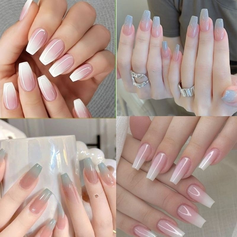 mẫu nail màu hồng thạch phối gradient