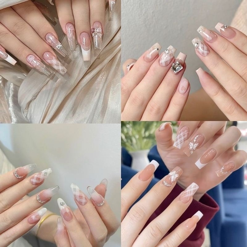 mẫu nail màu hồng thạch đan lưới