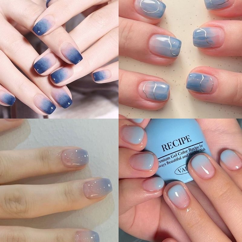 mẫu nail màu xanh dương ombre