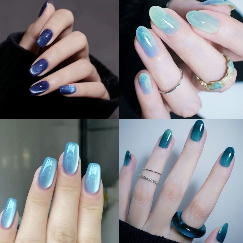 mẫu nail màu xanh dương mắt mèo