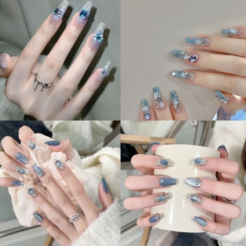 mẫu nail màu xanh dương đính đá