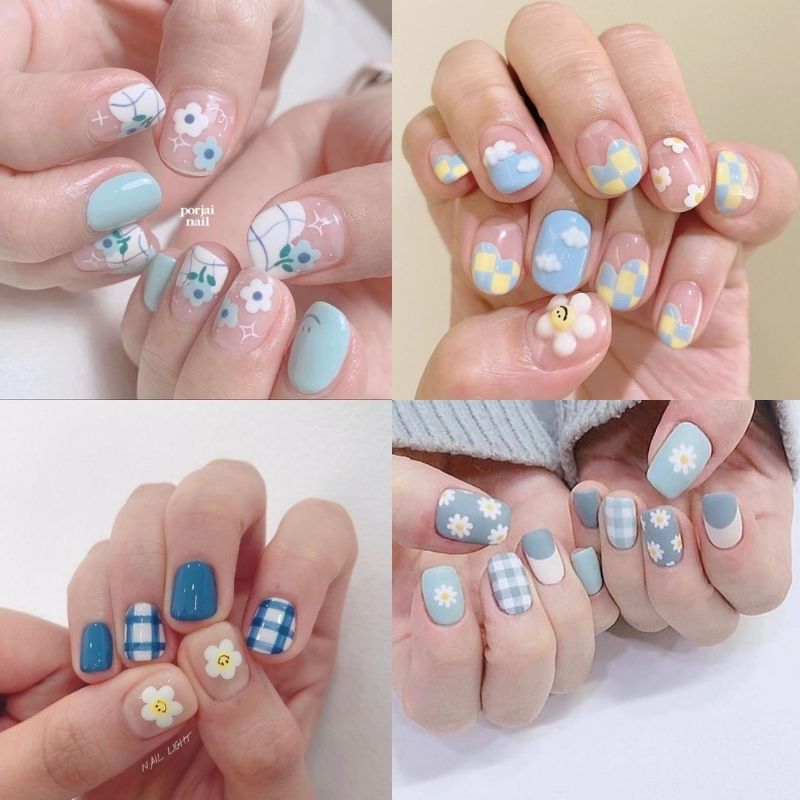 mẫu nail màu xanh dương họa tiết hoa