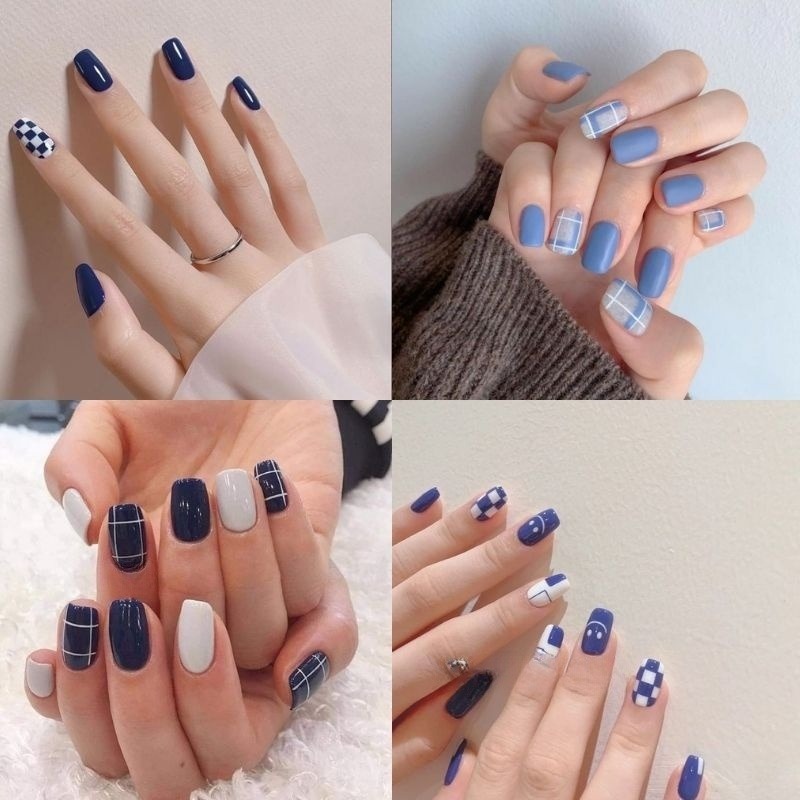 mẫu nail màu xanh dương đường line