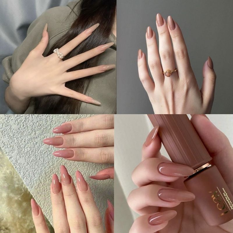 Mẫu nail móng nhọn tròn màu nude