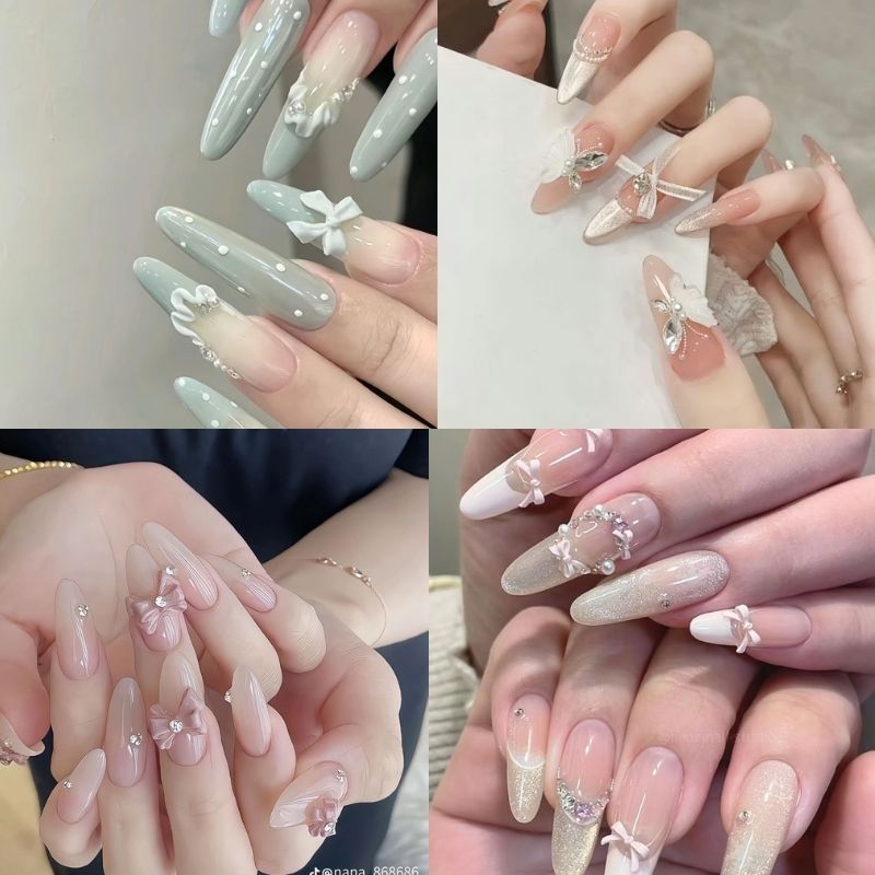 Mẫu nail móng nhọn tròn đính charm nơ