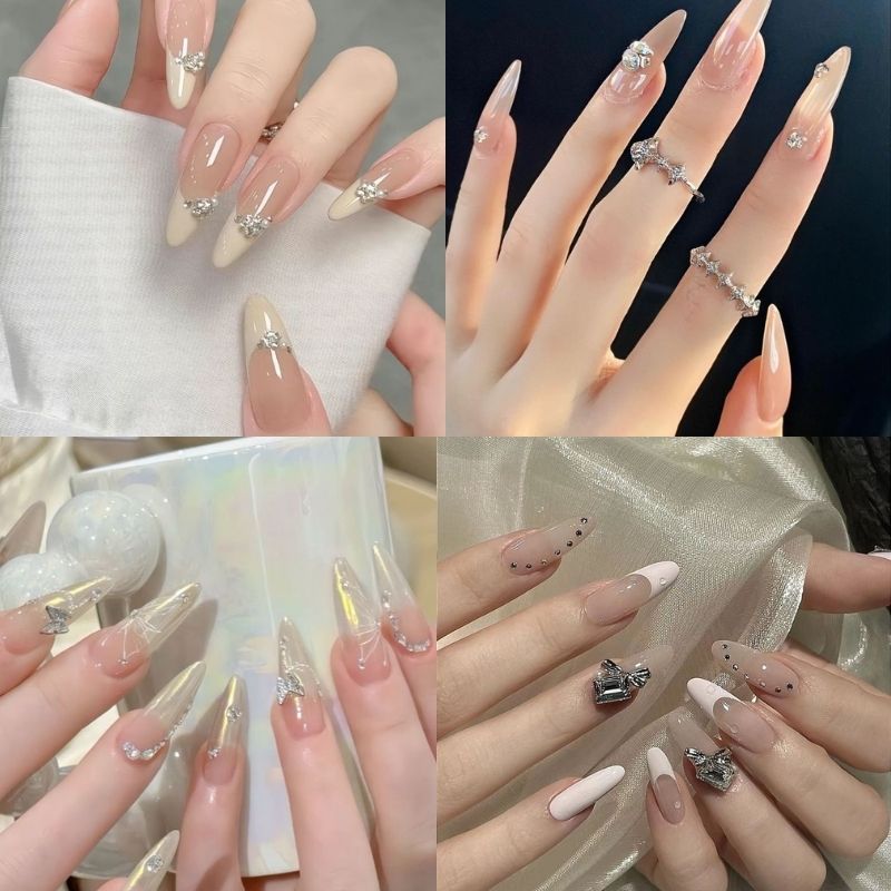 Mẫu nail móng nhọn tròn đính đá