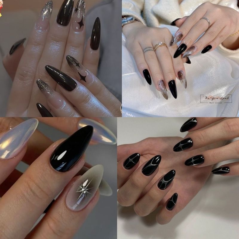 Mẫu nail móng nhọn tròn màu đen