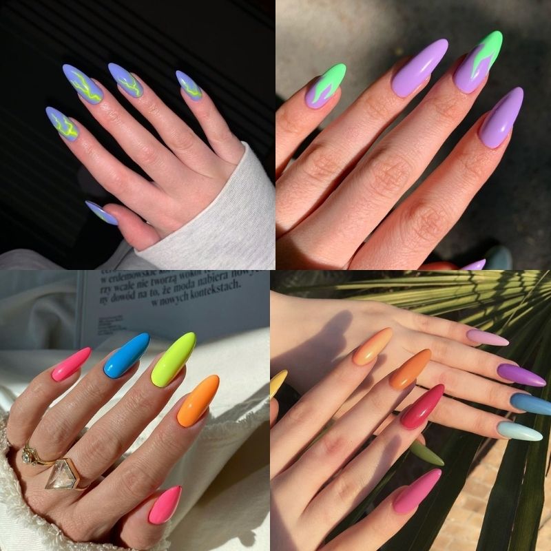 Mẫu nail móng nhọn tròn màu neon