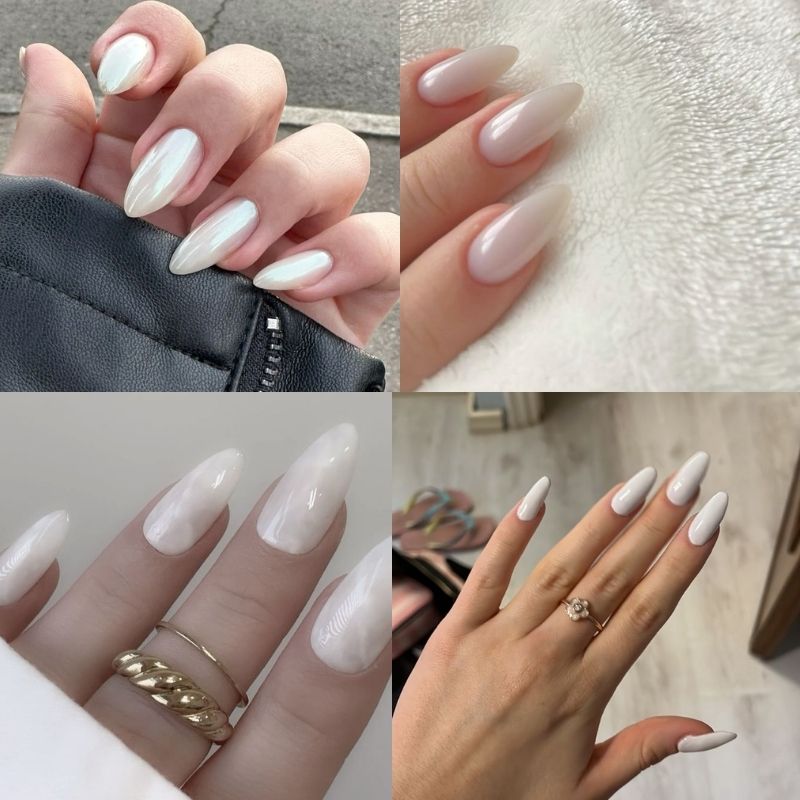 Mẫu nail móng nhọn tròn màu trắng ngà