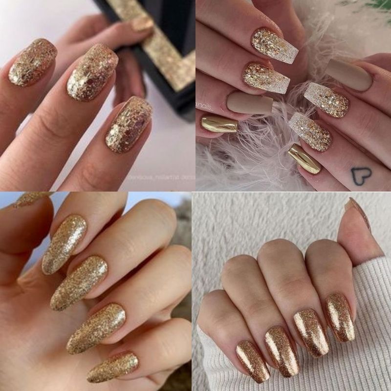 Mẫu nail tay ánh kim vàng cho da ngăm