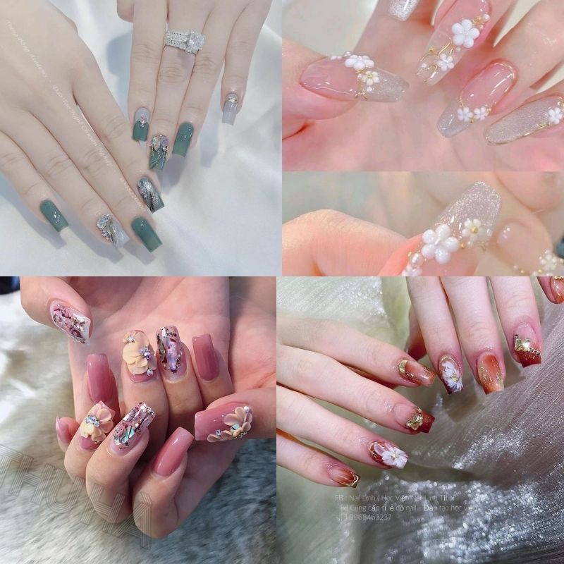 mẫu nail tay đính đá họa tiết