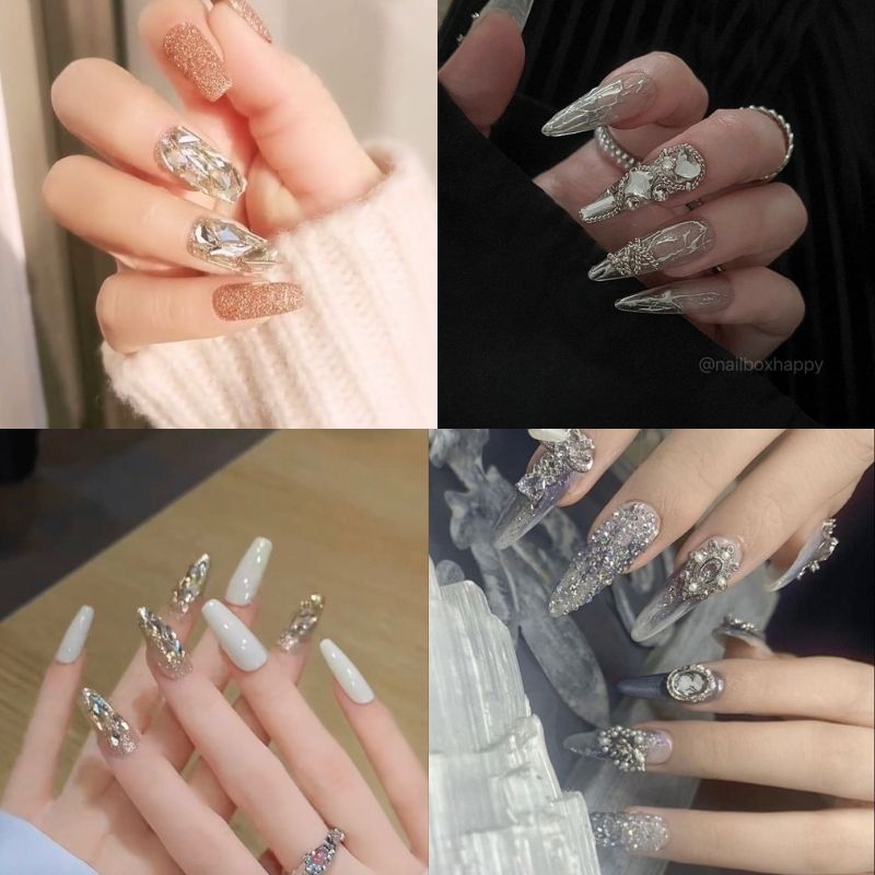 mẫu nail tay đính đá full