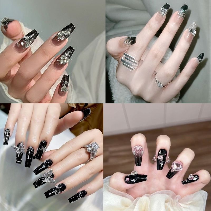 mẫu nail tay đính đá đen