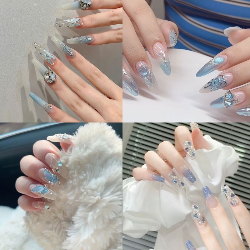 mẫu nail tay đính đá xanh dương