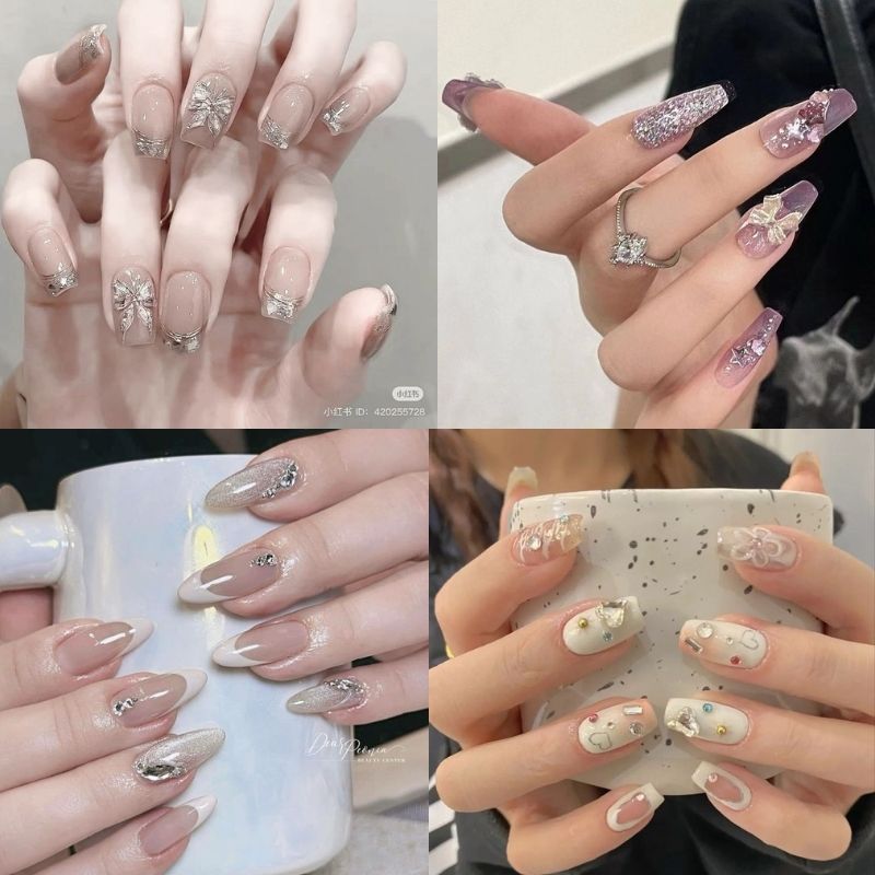 mẫu nail tay đính đá pastel