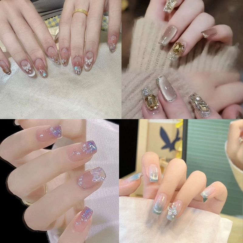 mẫu nail tay đính đá ombre