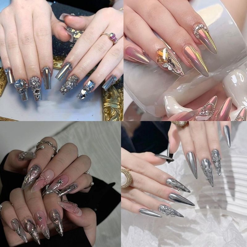 mẫu nail tay đính đá tráng gương