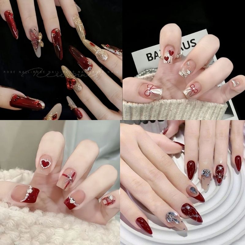 mẫu nail tay đính đá đỏ
