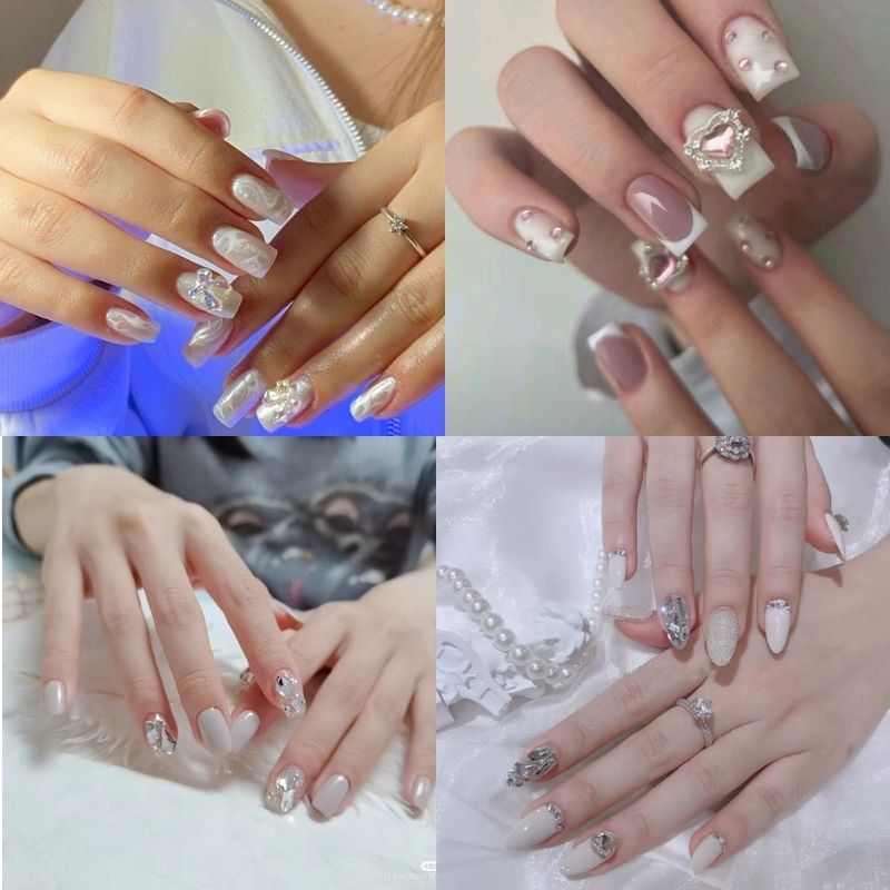 mẫu nail tay đính đá trắng ngọc trai