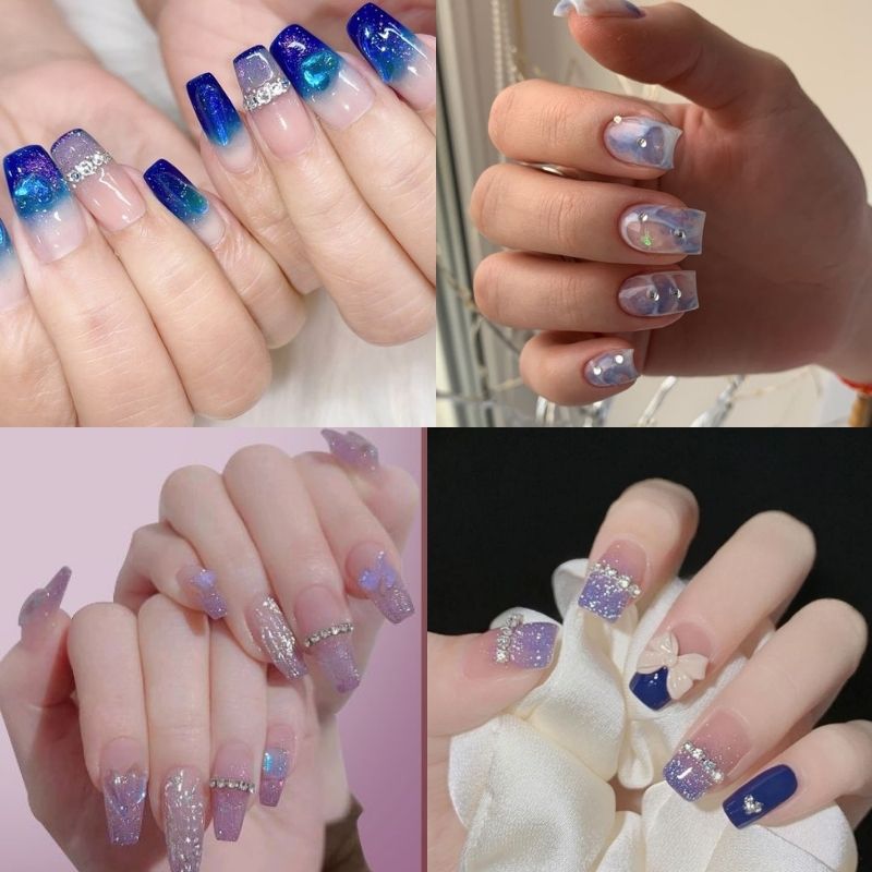 mẫu nail tay đính đá galaxy