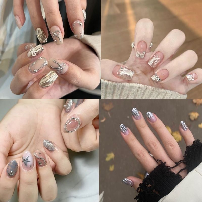 mẫu nail tay đính đá pha lê bạc