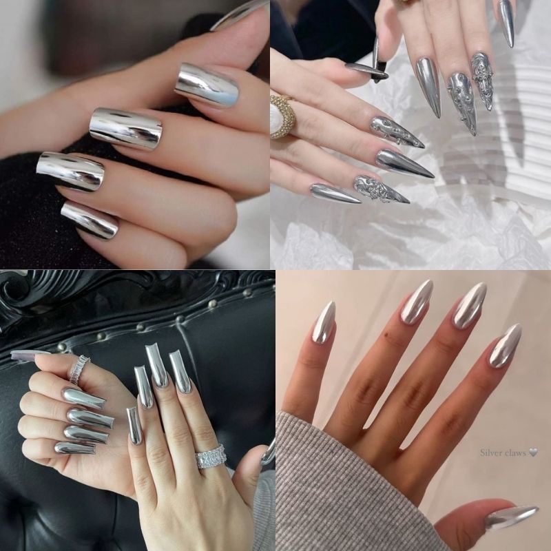 Mẫu nail tráng gương màu bạc sang trọng
