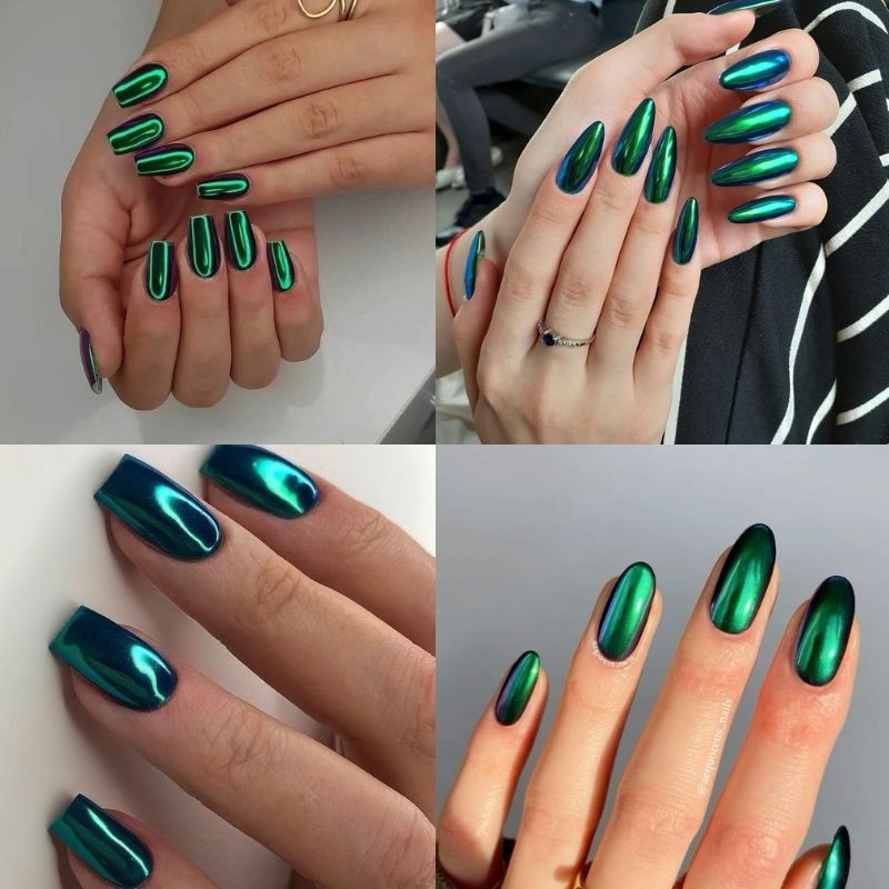 Mẫu nail tráng gương màu xanh lá tươi mát