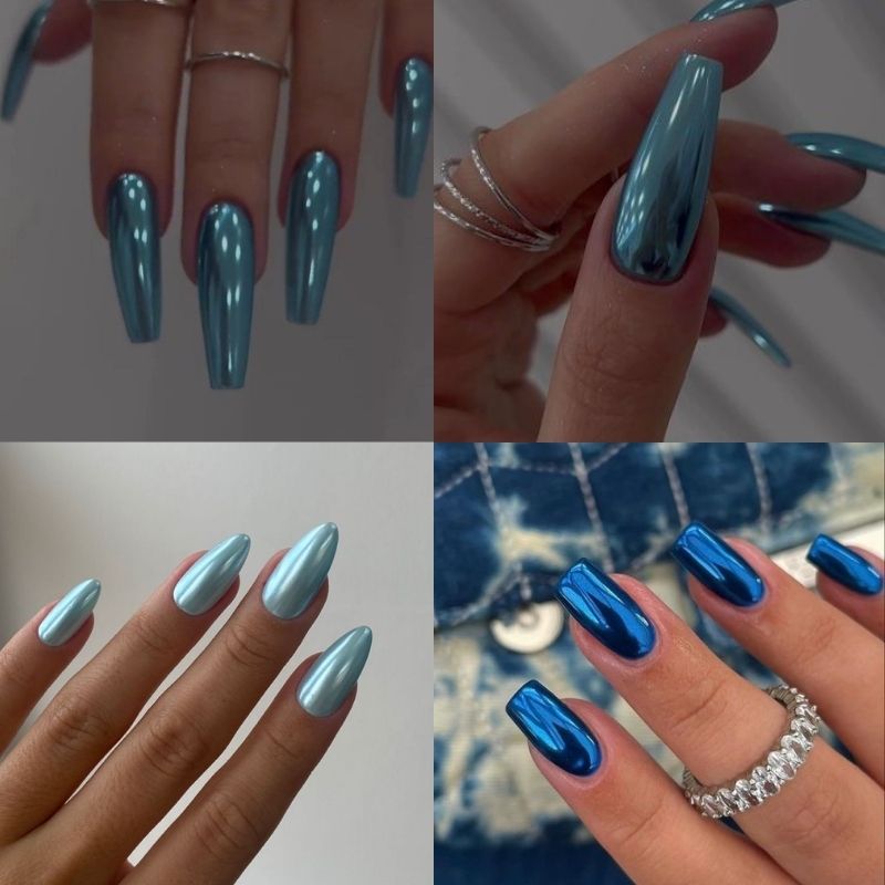 Mẫu nail tráng gương màu xanh biển sâu thẳm