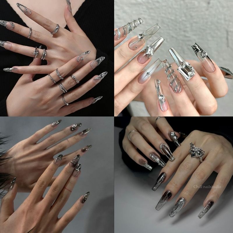 Mẫu nail tráng gương đính đá lấp lánh