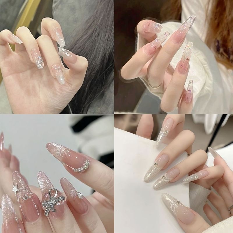 Mẫu nail trong suốt phủ nhũ kim tuyến