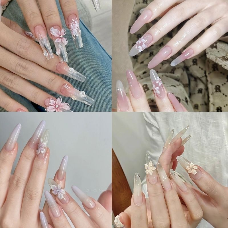Mẫu nail trong suốt họa tiết hoa khô