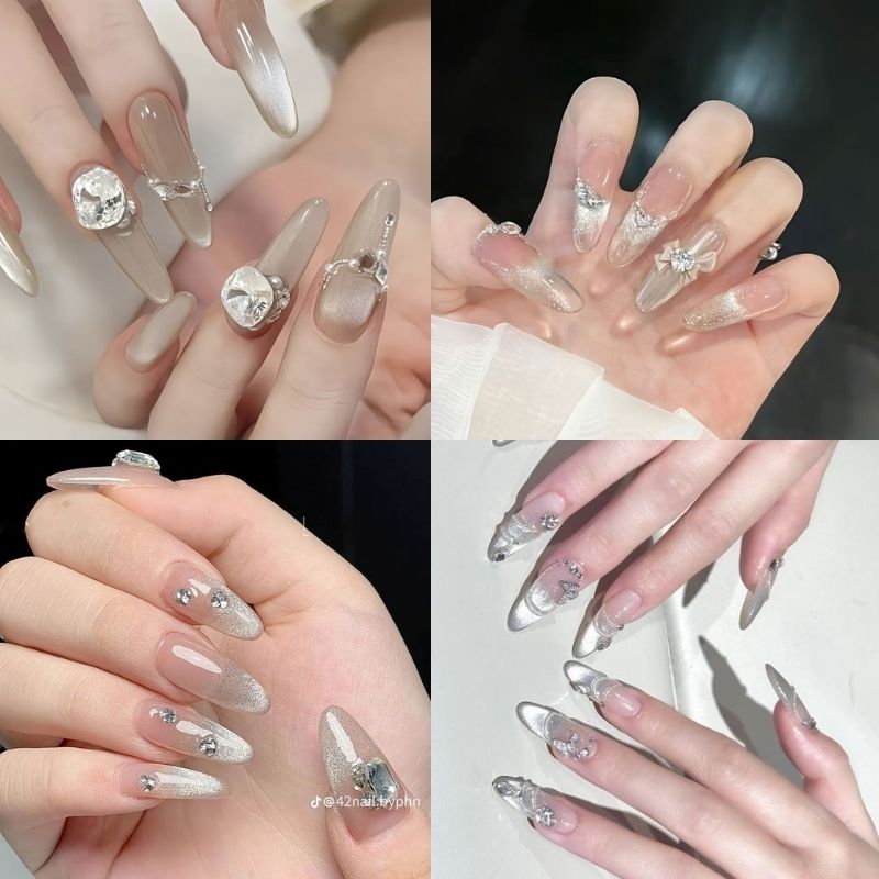 Mẫu nail trong suốt hiệu ứng mắt mèo
