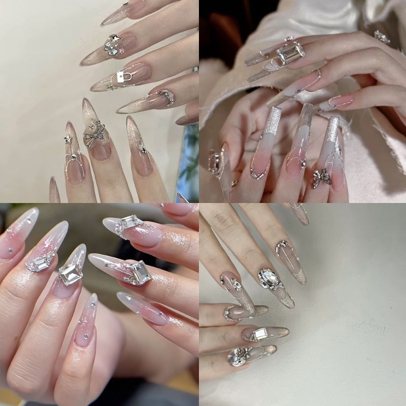 Mẫu nail trong suốt đính đá pha lê