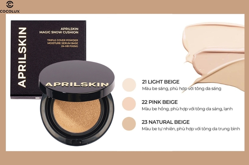 phấn nước aprilskin có 3 tone màu phù hợp với làn da châu á