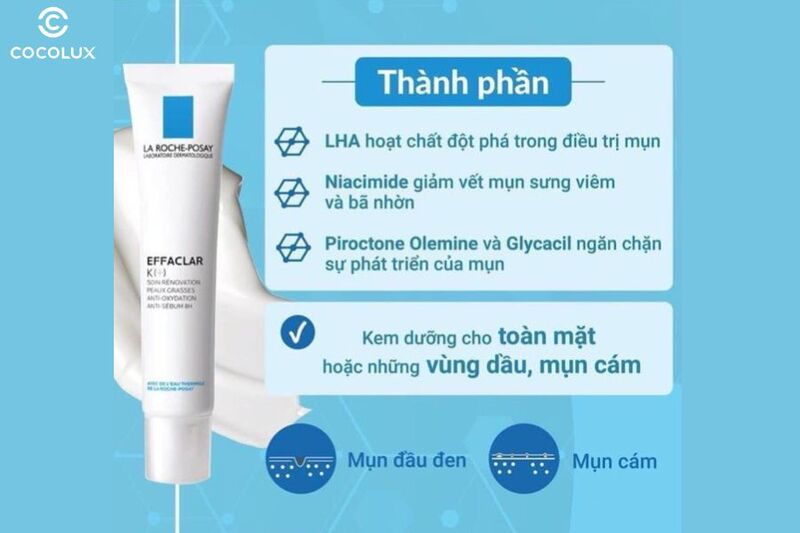 Thành phần chính trong Kem Dưỡng La Roche-Posay Effaclar K+ Giảm Mụn Đầu Đen Và Bóng Nhờn