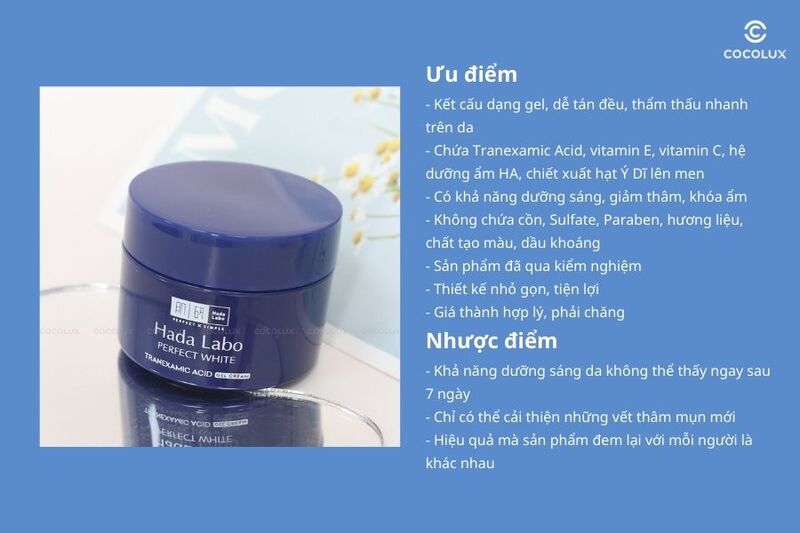 Ưu điểm và nhược điểm của gel dưỡng Hada Labo Perfect White Tranexamic Acid